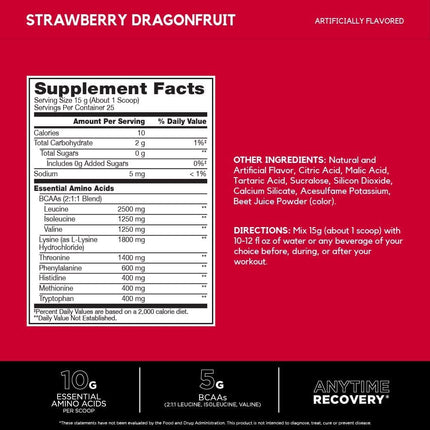 BSN Amino X Essential Amino Acid Powder, Zero Sugar, Strawberry Dragonfruit Flavour, 375g, 25 serves