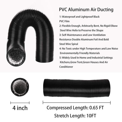 4Inch 10FT Long Flexible Aluminum Air Ducting, Heavy-Duty Black 4 Layer Dryer Vent Hose, Dryer Duct for HVAC Ventilation,Duct Fan Systems, 2 Stainless Steel Clamps Include