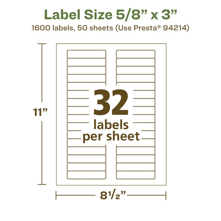 Avery EcoFriendly Matte White Recycled Rectangle Labels, 5/8" x 3", Matte White Labels, Permanent Adhesive, Laser/Inkjet Printable, 1,600 Total