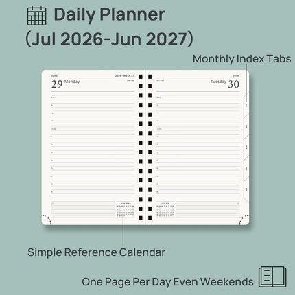 POPRUN Academic Diary 2026-2027 A5 Day to Page Spiral Hard Cover Mid Year Daily Diary (Jul'26 - Jun'27) A Day per Page with Monthly Tabs 26/27 Planner(Pacific Green)