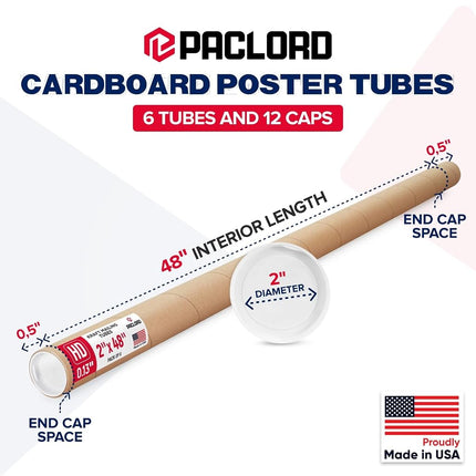 Paclord 2" x 48" Heavy-Duty Reinforced Cardboard Mailing Tube, Pack of 6 Tubes with 12 Caps – Secure USPS Approved – Great for Shipping and Storing of Prints, Artwork, Posters or Documents