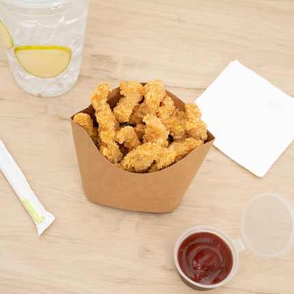 Bio Tek 4.5 x 3.2 x 3.9 Inch French Fry Cup, 100 Disposable Snack Cups - Stackable, Sustainable, Kraft Paper 3 Ounce Fry Holder, for Fries, Onion Rings, Popcorn, or Cookies - Restaurantware