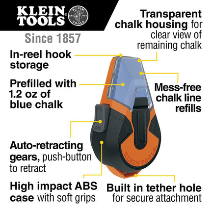 KLEIN TOOLS CHLK50B Chalk Line, 50-Foot Auto Retractable Reel with High Visibility Blue Chalk, Mess-Free Storage and Easy Tension Control