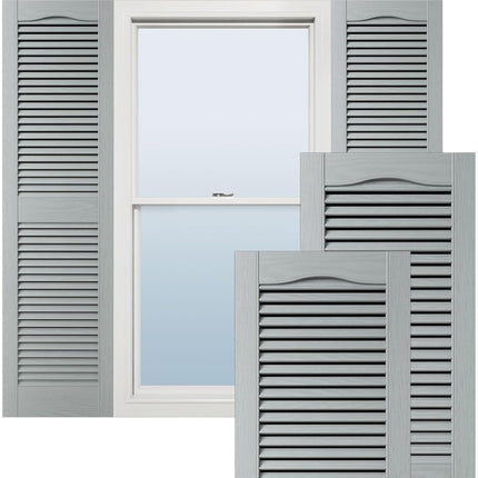 12"W x 25"H Lifetime Vinyl, Standard Cathedral Top Center Mullion, Open Louver Shutters, w/Installation Shutter-Lok's & Matching Screws (Per Pair), Platinum