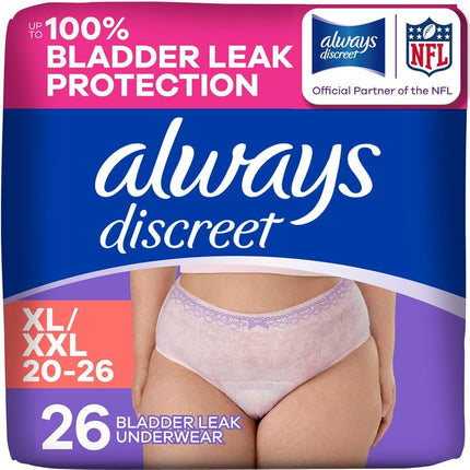 Always Discreet Adult Incontinence & Postpartum Underwear for Women, Classic Cut, Size Extra-Large, Maximum Absorbency, Disposable, 26 Count