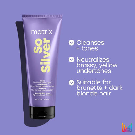 Matrix Hair Mask for Blonde and Grey Hair to Neutralise Yellow Tones, With Purple Pigments, So Silver Mask, 1 x 200 ml