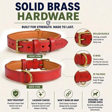 DowgClub Leather Dog Collar | Leather Collar for Small Dogs, .75 Inch Wide Red Dog Collar | Genuine, Full Grain, Heavy Duty, Comfortable, Inner Soft Padding (S (Neck Size 11.5"-14.5"), Red)