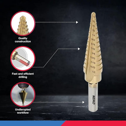 Neiko 3-Piece Titanium Step Drill Bits Set M2 Steel - 28 Sizes, SAE