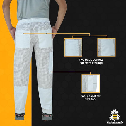 BeeProGear Sting-Proof Beekeeping Pants for Men & Women, Ventilated 3-Layer Mesh Pants with Tool Pockets & Carry Bag, White, 3X-Large