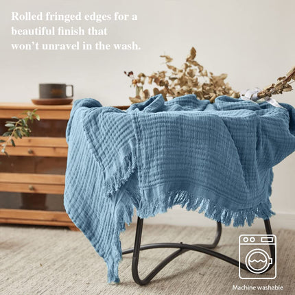 Simple&Opulence Cotton Muslin Throw Blanket for Bed, Couch, Knit Woven Gauze Blanket with Tassels, Soft Lightweight Cozy Pre-Washed Breathable Farmhouse Decoration for All-Season (Dusty Blue)