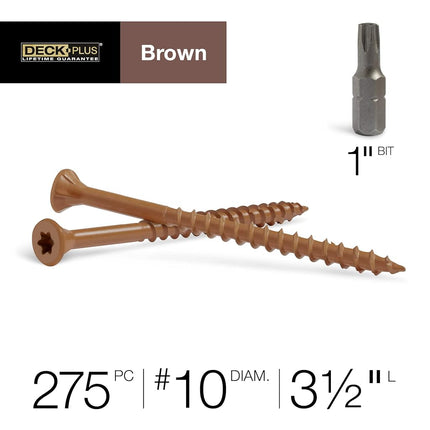 Deck Plus 2-1/2 Inch Epoxy Coated Exterior Wood and Fence Screws #10 x 2-1/2" Torx/Star Drive Included Coarse Thread, Outdoor Rust Resistant Decking Screw, Brown, 5 lb Box, 365 Pieces | 49012