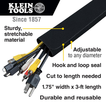 Klein Tools 450-330 Cable Management Sleeve, Cord Management for Home, Office or Job, 1-3/4-Inch Max Diameter, 3-Foot Length, Black, 2-Pack