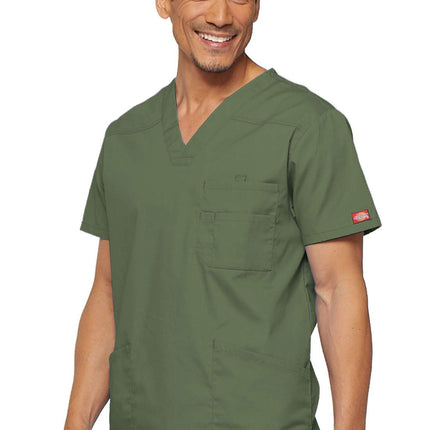 Dickies EDS Signature Scrubs for Men, Multi-Pocket V-Neck Scrub Top in Soft Brushed Poplin 81906, Olive, Large