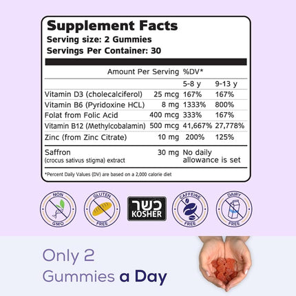 NutriMagic Kids Brain Booster 2IN1 Saffron Extract Nootropic & Multivitamin for Focus, Memory, Attention, Mood - Pure Saffron Gummies for Brain Health Support w/Vitamin D3, B6, B12, Zinc - 60 Gummies