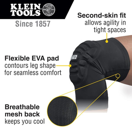 KLEIN TOOLS 60492 Knee Pads, Lightweight Padded Knee Sleeves, Breathable Mesh Back, Elastic Cuff with Slip-Resistant Silicone, Black, M/L