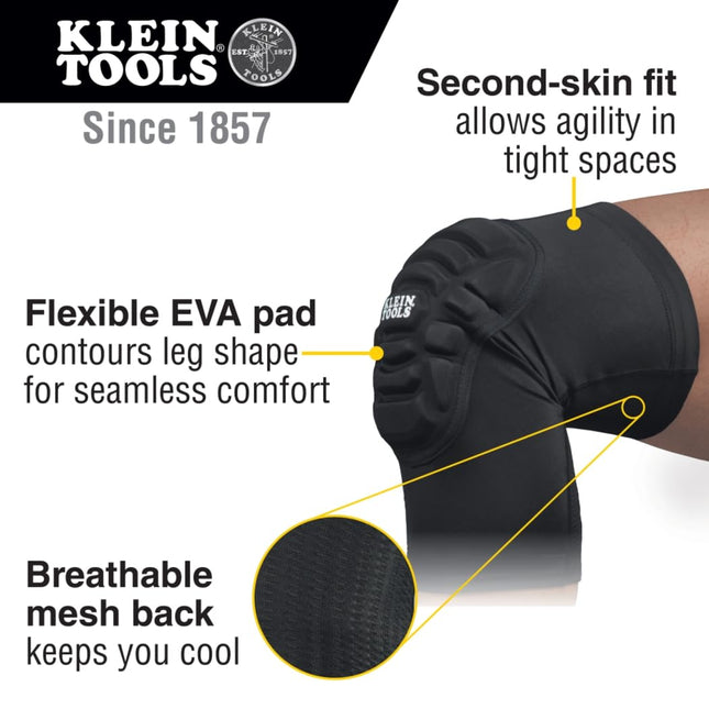 KLEIN TOOLS 60592 Rodilleras, Rodilleras Acolchadas Ligeras, Parte Trasera de Malla Transpirable, Puño Elástico con Silicona Antideslizante, Negro, L/XL