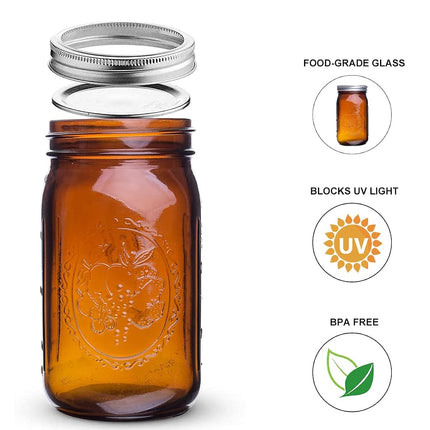 ElegantTime Amber Glass Mason Jars, 32 oz Wide Mouth with Airtight Lids and Bands - 6 Pack Large Glass Canning Jars, Great for Canning, Pickling, Fermenting, Jam Making