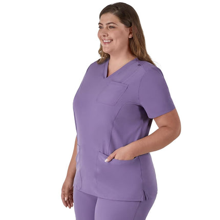 Hanes Women's Plus Size Healthcare Top, Moisture-Wicking Stretch Scrub Shirts, Ribbed Back Panel, Soft Plum, X-Large