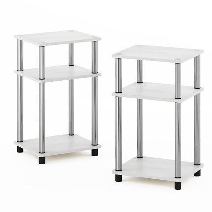 Furinno JUST Side Table Set of 2, 3-Tier End Tables, Open Shelves Night Stand, Nightstand, Toolless Assembly, for Living Room, Bedroom, White Oak/Stainless Steel