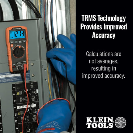 Multímetro digital Klein Tools MM420, multímetro TRMS de rango automático, voltaje de 600 V CA/CC, corriente de 10 A CA/CC, resistencia de 50 M ohmios, naranja/negro