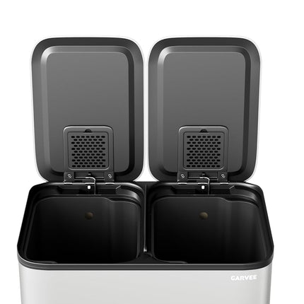 GarveeHome 2 x 4 gal Stainless Steel Double Trash Can with Lid for Kitchen, Large Dual Trash and Recycle Bin Combo, Step-on Kitchen Metal Garbage Cans, PP Inner Buckets, Liner Rim, White