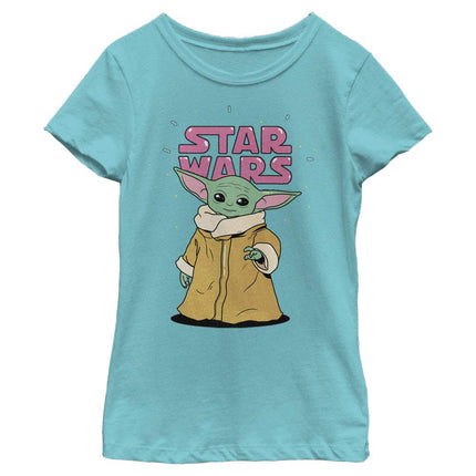 Camiseta sólida de cuello redondo para niña de Star Wars The Mandalorian The Child Stance Logo, azul Tahití, talla pequeña