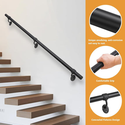 SDNBHT 6.6ft Metal Stair Railing - 1.5" Pipe Handrail for Indoor/Outdoor Stairs - Wall Mounted Aluminum Black Industrial Hand Rail for Steps