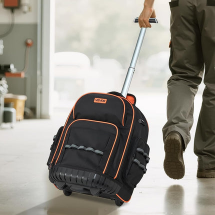 VEVOR Rolling Tool Backpack, 110 lbs Load Capacity, 45 Pockets Heavy Duty Roller Tool Bag on Wheels, Adjustable Telescoping Handle & Stable Base, Toolbag Organizers for Construction, Mechanic