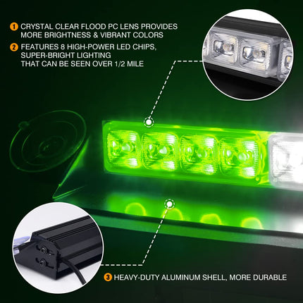 Xprite LED Aluminum Strobe Light, Front Windshield Dash Deck Hazard Warning Flashing Caution Lights w/ Suction Cups, for Emergency Construction Vehicles POV Law Enforcement Tow Trucks - White&Green