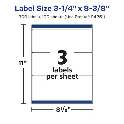 Avery Matte White Rectangle Labels with Sure Feed, 3-1/4" x 8-3/8", 300 Matte White Printable Labels