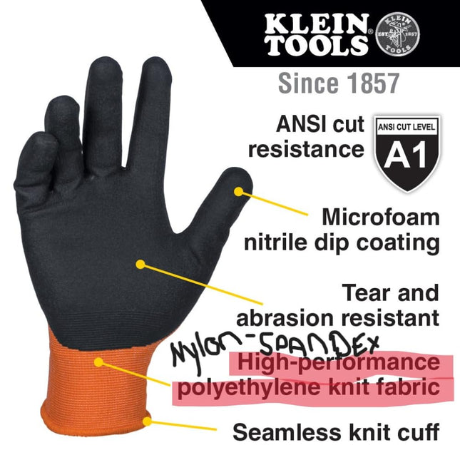 Klein Tools 60823 Work Gloves, Knit Dipped Cut Resistant ANSI A1 Nitrile Coated Gloves, Nylon-Spandex, Touchscreen Capable, 2XL, 2-Pair