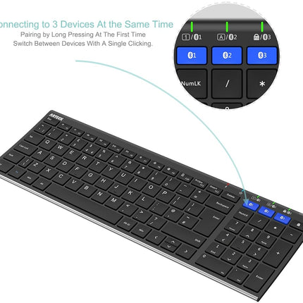 Arteck Universal Bluetooth Keyboard Multi-Device Stainless Steel Full Size Wireless Keyboard for Windows, iOS, Android, Computer Desktop Laptop Surface Tablet Smartphone Built in Rechargeable Battery