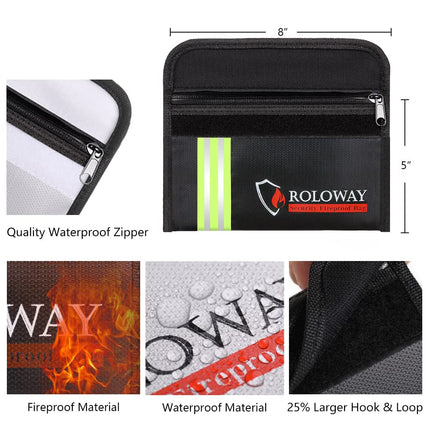 ROLOWAY Small Fireproof Bag (5 x 8 inches) with Reflective Strip, Fireproof Money Bag for Cash, Valuables, Passport, Currency & Keys (2-Pack)