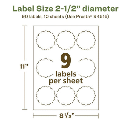 Avery EcoFriendly Matte White Recycled Round Scalloped Labels, 2.5" Diameter, Print-to-The-Edge, Matte White Labels, Permanent Label Adhesive, Laser/Inkjet, 90 Printable Labels