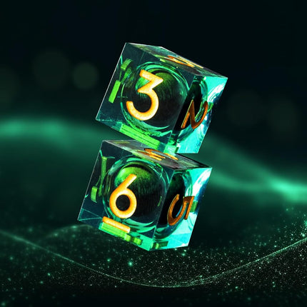 Beholder's Dragon Eye DND Dice Set,Sharp Edge Liquid Core Resin Handmade Dice with Gift Box 7 PCS for Role Playing Dungeons and Dragons Ttrpg(Green Dargon Eye)