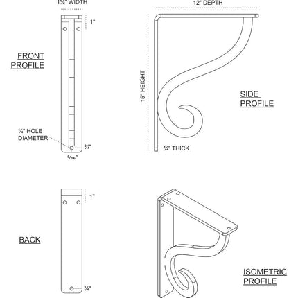 Ekena Millwork BKTM01X12X15SASAPW Metal Bracket, 1 1/2" W x 12" D x 15" H, Antiqued Pewter