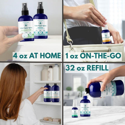 PRISTINE Toilet Paper Spray, As Seen on Shark Tank, Flushable Wipe Alternative, Personal Cleansing Bathroom Spray for Regular Toilet Tissue, Bidet Alternative, Made in USA, Fragrance Free, 4 oz Bottle