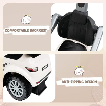 OLAKIDS 4 in 1 Ride on Push Car, Toddlers Sliding Walking with Horn, Music, Lights, Removable Guardrails and Handle, Underneath Storage, Foot-to-Floor Walker for Boys Girls (Ivory White)