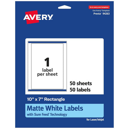 Avery Matte White Rectangle Labels with Sure Feed, 10" x 7", 50 Matte White Printable Labels