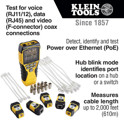 Cable Tester, Scout Pro 3 with Test-n-Map Remote, Includes Remotes #2 - #6, Tests Voice, Data and Video Cable, Klein Tools VDV501-853