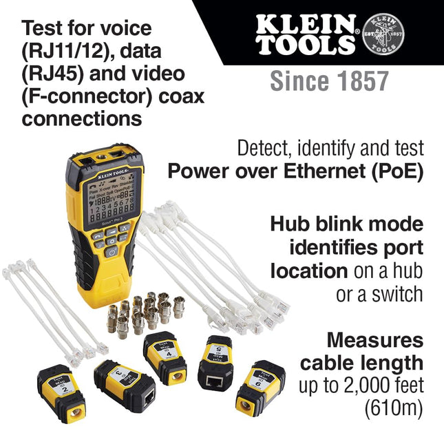 Cable Tester, Scout Pro 3 with Test-n-Map Remote, Includes Remotes #2 - #6, Tests Voice, Data and Video Cable, Klein Tools VDV501-853