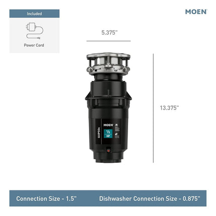 Broyeur d'évier à alimentation continue Moen GXP50C GX Prep Series PRO 1/2 CV, cordon d'alimentation inclus ou non, 5,375 x 13,375 x 5,375 pouces