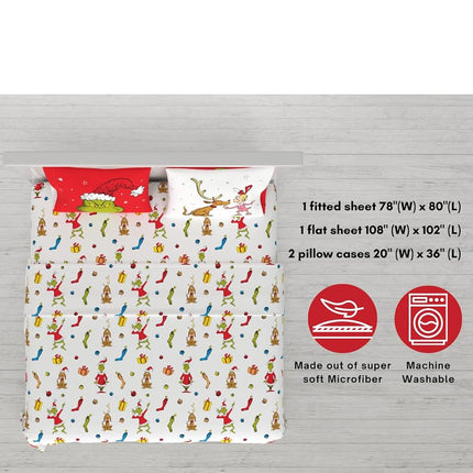 Franco Collectibles Dr. Seuss Le Grinch Parure de lit de Noël et des fêtes ultra douce en microfibre 4 pièces king size (produit sous licence officielle)