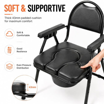 4-in-1 Folding Bedside Commode Chair with Seat Cover, Tool-Free Assembly Portable Toilet for Adults, Adjustable Height Bedside Commode for Seniors with Handles, 330lbs Support (Black)