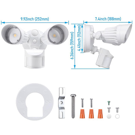 Foco de seguridad LED COB LEONLITE, luces de inundación exteriores comerciales con sensor de movimiento, 3 modos Detector de movimiento+Anochecer a amanecer+Control de interruptor, 100-277 V, 2 cabezales ajustables, IP65, luz diurna de 5000 K, ETL, blanco