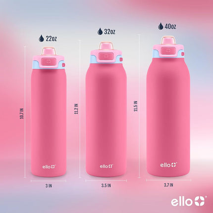 Ello Pop 22oz Stainless Steel Water Bottle with Quick Fill & Double Walled Vacuum Insulated Metal, Leak Proof Locking Lid, Sip and Chug, BPA Free, Cherry Breeze