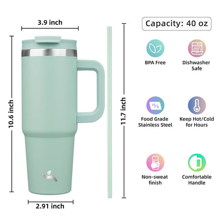 Konokyo 40 oz Tumbler with Handle and 2 Straws,2 in 1 Lid Insulated Water Bottle Stainless Steel Travel Coffee Mug,Retro Green