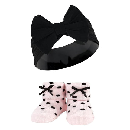 Hudson Baby Girl's Headband and Socks Giftset, Pink Black Gray, One Size