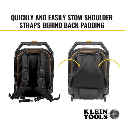 55604 Rolling Tool Backpack Tool Bag with 28 Pockets Heavy Duty Retractable Handle Large Tool Storage Interior 3-Inch Wheels