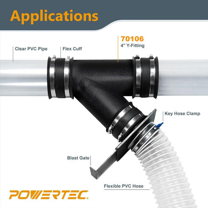 POWERTEC 70106 70106V 4-Inch Y-Fitting Dust Collection Hose Connector-1 Pack, Black, 4 Inch
